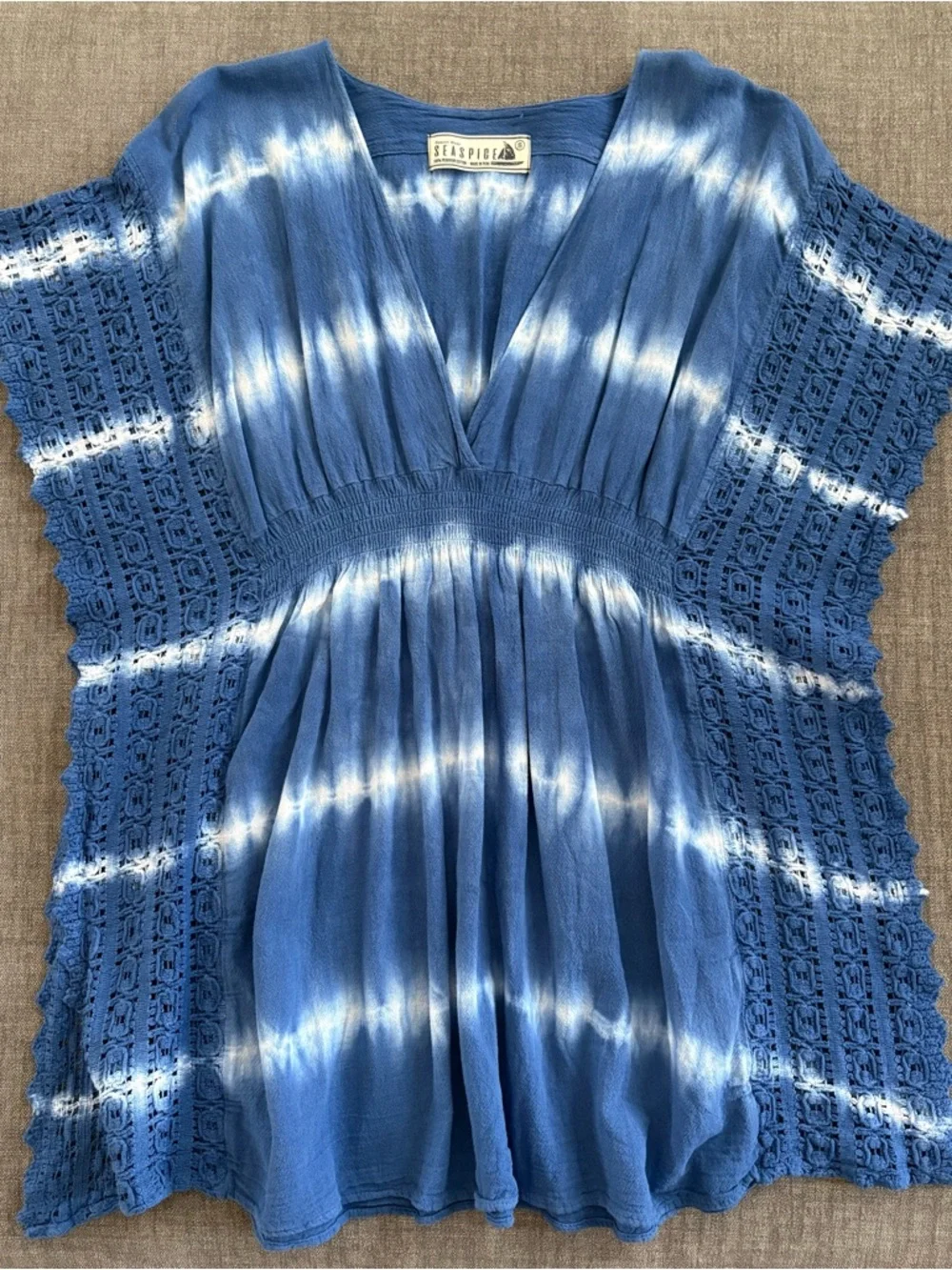 Blue Tie-Dye V-Neck Crochet Sleeve Dress - resort ware / coverup - S - Picture 6 of 6